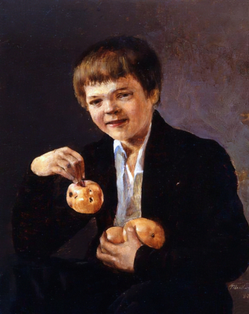 Тихобразов Николай Иванович. Мальчик с яблоками. Холст, масло. 35,5х29,9. 1829. Нижнетагильский музей изобразительных искусств.