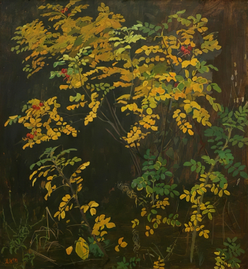 Жилинский Дмитрий Дмитриевич. Шиповник. ДВП, темпера. 73х68. 1970. Музей изобразительных искусств Кузбасса.