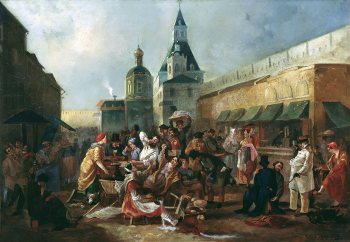 Астрахов Василий Егорович (Георгиевич). Обжорный ряд у Китайгородской стены в Москве. Картон, масло. 43х57,5. 1856. Государственная Третьяковская галерея.
