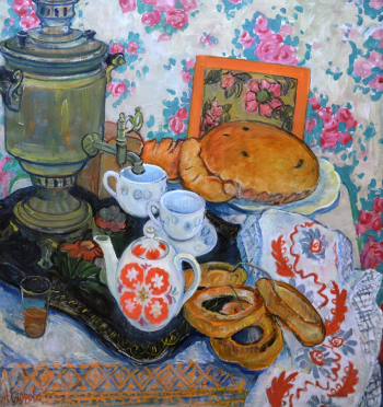Егорова Муза Александровна. Натюрморт с самоваром. Холст, масло. 103х97. 1971-1972. Курганский областной художественный музей.