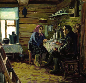 Курзанов Александр Михайлович. За самоваром. Картон, масло. 81х87. 1974. Воронежский областной художественный музей имени И.Н.Крамского.