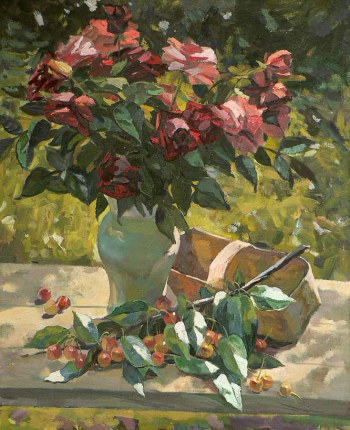 Ткаченко Виктор Дмитриевич. Розы и черешня. Холст, масло. 83,5х66. 1995. Сальский музей имени Народного художника В.К.Нечитайло.