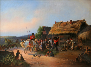 Байков Фёдор Ильич. Солдаты в деревне. Холст, масло. 53,5х72. 1844. Омский областной музей изобразительных искусств имени М.А.Врубеля.