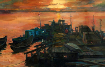 Хомков Николай Петрович. Рыбацкий причал. Холст на картоне, масло. 59,5х99,4. 1955. Новосибирский государственный художественный музей.