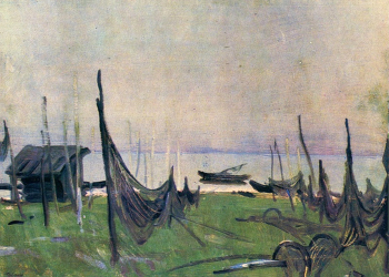 Дубинчик Александр Михайлович. Юодкранте. Сети сушат. Картон, масло. 50х70. 1963. Музей изобразительных искусств (Комсомольск-на-Амуре).