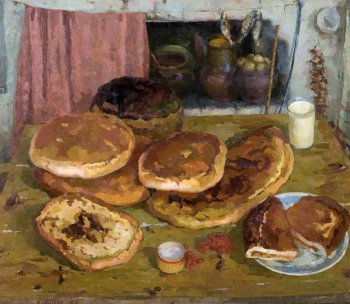 Вопилов Георгий Александрович. Пироги из русской печи. Холст, масло. 75х85,5. 1987. Вятский художественный музей имени В.М. и А.М. Васнецовых.