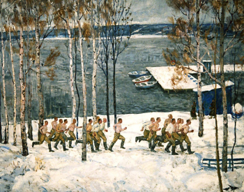 Севостьянов Геннадий Кириллович. Солдатское утро. Холст, масло. 140х180. 1972. Центральный музей Вооруженных Сил Российской Федерации.