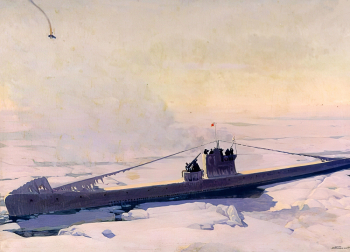 Пинегин Николай Васильевич. Героический бой подводной лодки `С-1` Краснознаменного Балтийского флота с белофинскими истребителями в Ботническом заливе 19 января 1940 года. Холст, масло. 124х174. 1940. Центральный военно-морской музей.