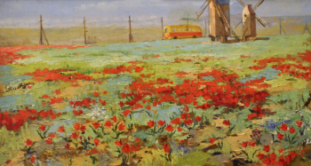 Ольдаев Ким Менгенович. Тюльпаны. Холст, масло. 77х141. 20 век. Национальный музей Республики Калмыкия имени Н.Н.Пальмова.