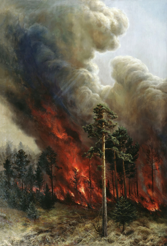 Денисов-Уральский Алексей Кузьмич. Лесной пожар. Холст, масло. 190х128. 1897. Пермская государственная художественная галерея.
