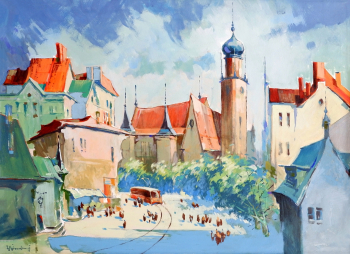 Колачевский Юрий Александрович. Красный трамвай. Ткань, акрил. 75х104. 1998. Городской музей `Искусство Омска`.