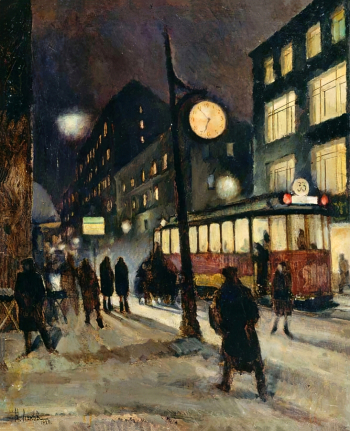 Лаков Николай Андреевич. Вечерняя улица. Трамвай. Холст, масло. 85х68. 1928. Государственный историко-художественный музей `Новый Иерусалим`.