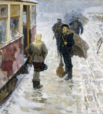 Непринцев Юрий Михайлович. Трамвай идёт на фронт. Холст, масло. 110х119. 1961. Пензенская областная картинная галерея имени К.А.Савицкого.
