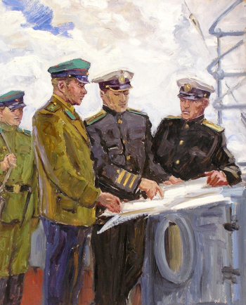 Бальзамов Сергей Парменович. На учениях. Картон, масло. 63х49. 1963. Картинная галерея (Красноармейск).