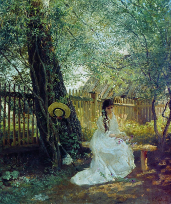 Маковский Константин Егорович. В саду. Доска, масло. 51х44. 1870-е. Государственный Русский музей.