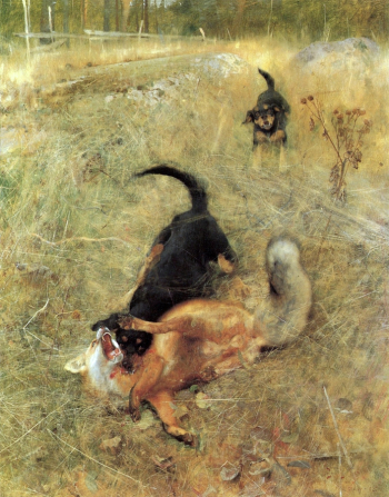 Бруно Лильефорс. Бигли и лиса. Холст, масло. 71х104. 1885. Национальный музей Швеции.