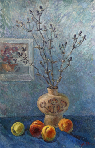 Утко Юрий Дмитриевич. Персики. Картон, масло. 78х50. 1988. Выставочный зал (Междуреченск).