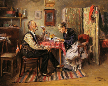 Маковский Владимир Егорович. Утренний чай. Доска, масло. 32х41. 1891. Частная коллекция.