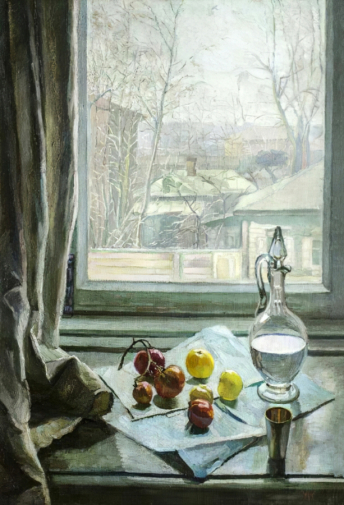 Жибинов Алексей Петрович. Натюрморт с пейзажем. Холст, масло. 100х69. 1952. Иркутский областной художественный музей имени В.П.Сукачева.