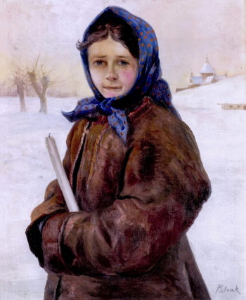 Пстрак Ярослав Васильевич. Гуцулка со свечкой. Картон, масло. 101х73. 1900-е. Национальный музей во Львове имени Андрея Шептицкого.