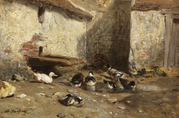 Шарль Эмиль Жак. Утки во дворе. Доска, масло. 14,8х22,2. 19 век. Частная коллекция.