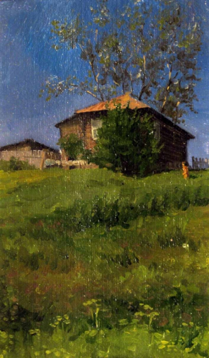 Дятлов Николай Николаевич. Дом на пригорке. Картон, масло. 15х27. 1984. Частное собрание.