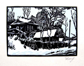 Дятлов Николай Николаевич. Зима. Юрьевец. Бумага, линогравюра. 10х13. 1988. Частное собрание.