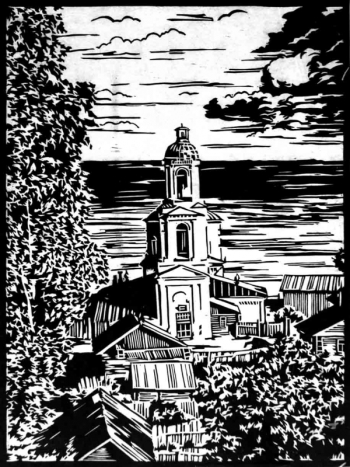 Дятлов Николай Николаевич. Казанская церковь. Юрьевец. Бумага, линогравюра. 32х42. 1988. Частное собрание.