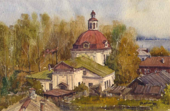 Дятлов Николай Николаевич. Рождественская церковь. Юрьевец. Бумага, акварель. 12х18. 1993. Частное собрание.