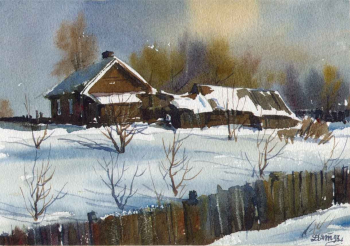 Дятлов Николай Николаевич. Зимний пейзаж. Юрьевец. Бумага, акварель. 11х16. 1995. Частное собрание.