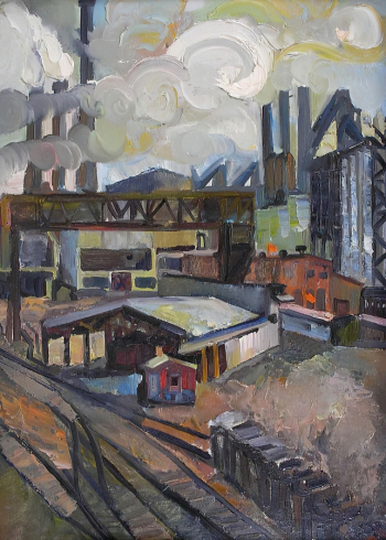 Грабарова Татьяна Ивановна. Индустриальный пейзаж. Картон, масло. 67,3х47,3. 20 век. Историко-этнографический музей-заповедник Шушенское.