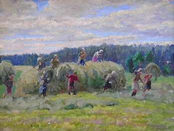 Малянтович Григорий Александрович. Собирают сено в стога. Картон, масло. 37х50,4. 1958. Историко-этнографический музей-заповедник Шушенское.