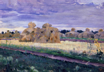 Нестеров Михаил Васильевич. Скирды. Холст на картоне, масло. 25х35. 1910. Костромской государственный историко-архитектурный и художественный музей-заповедник.