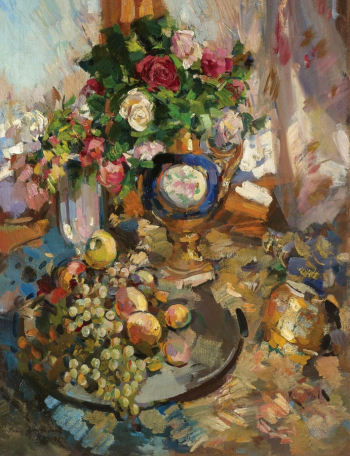 Коровин Константин Алексеевич. Натюрморт с розами и фруктами. Холст, масло. 119х87. 1921. Частная коллекция.