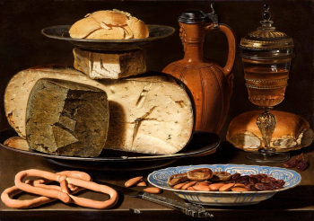 Клара Петерс. Натюрморт с миндалём, сыром и кренделями. Доска, масло. 34,5х49,5. 1615. Маурицхёйс.