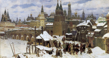 Васнецов Аполлинарий Михайлович. Всехсвятский каменный мост в конце 17 века. Холст, масло. 155х285. 1901. Ярославский художественный музей.