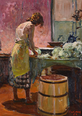 Ликман Григорий Густавович. Резание капусты. Холст, масло. 55х40. 1956. Новосибирский государственный художественный музей.