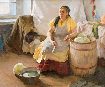 Трошев Евгений Николаевич. Соление капусты. Холст, масло. 109х135. 1966. Научно-исследовательский музей при Российской академии художеств.