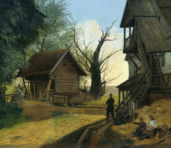 Бодри Карл-Фридрих Петрович. Сельский пейзаж с крестьянами. Холст, акварель. 49х56. 1845. Государственная Третьяковская галерея.