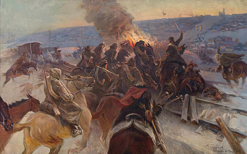 Неизвестный художник. Копия с М.Б.Грекова. Бой под Новочеркасском. Холст, масло. 65,5х103. 1950-е. Государственный исторический музей.