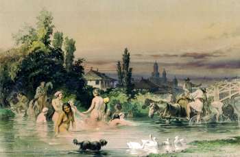 Амедео Прециози. Купальщицы в Дымбовице. Бумага, акварель. 1868. Национальный художественный музей Румынии.
