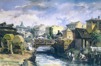 Амедео Прециози. Река Дымбовица в Бухаресте. Бумага, акварель. 1869. Национальный художественный музей Румынии.