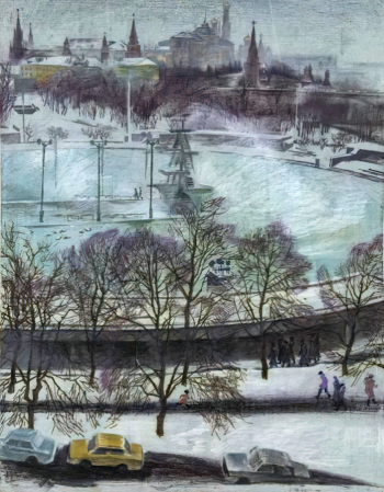 Афанасьева Марина Кирилловна. Бассейн `Москва`. Бумага, смешанная техника. 63,5х50. 1980. Государственный музейно-выставочный центр РОСИЗО.
