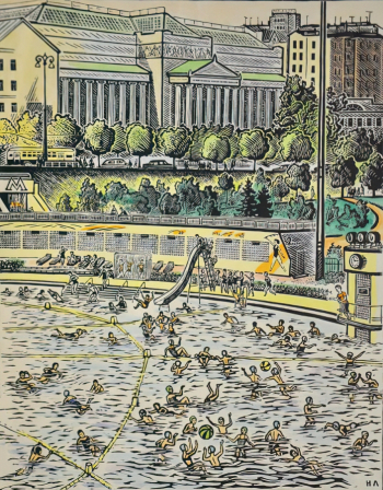 Лапшин Николай Иустинович. Бассейн `Москва`. Бумага, линогравюра. 53х70. 1963. Мурманский областной художественный музей.