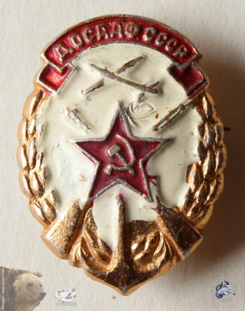 Значок `ДОСААФ СССР`. Звезда с серпом и молотом, перекрещённые ППШ, летящий самолёт.