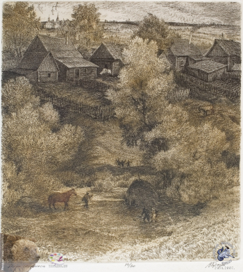 Губарев Виталий Петрович. Пора сенокоса. Бумага, цветной офорт. 29х26,5. 1993. Частное собрание.