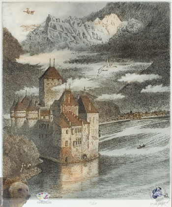Губарев Виталий Петрович. Шильон. Бумага, цветной офорт. 24х19,5. 2003. Частное собрание