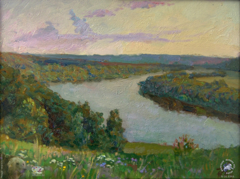 Простяков Алексей Семёнович. Ока вечером. Картон, масло. 18х24. 2004. Собрание семьи художника.