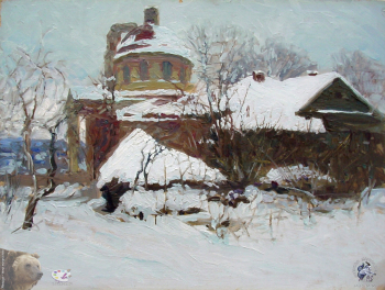 Простяков Алексей Семёнович. Церковь Николы Белого в Серпухове. Оргалит, масло. 30х40. 1998. Собрание семьи художника.