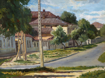 Титовский Виктор Пантелеймонович. Улица Советская в Ставрополе. Картон, масло. 25,5х34. 1949. Ставропольский краевой музей изобразительных искусств.